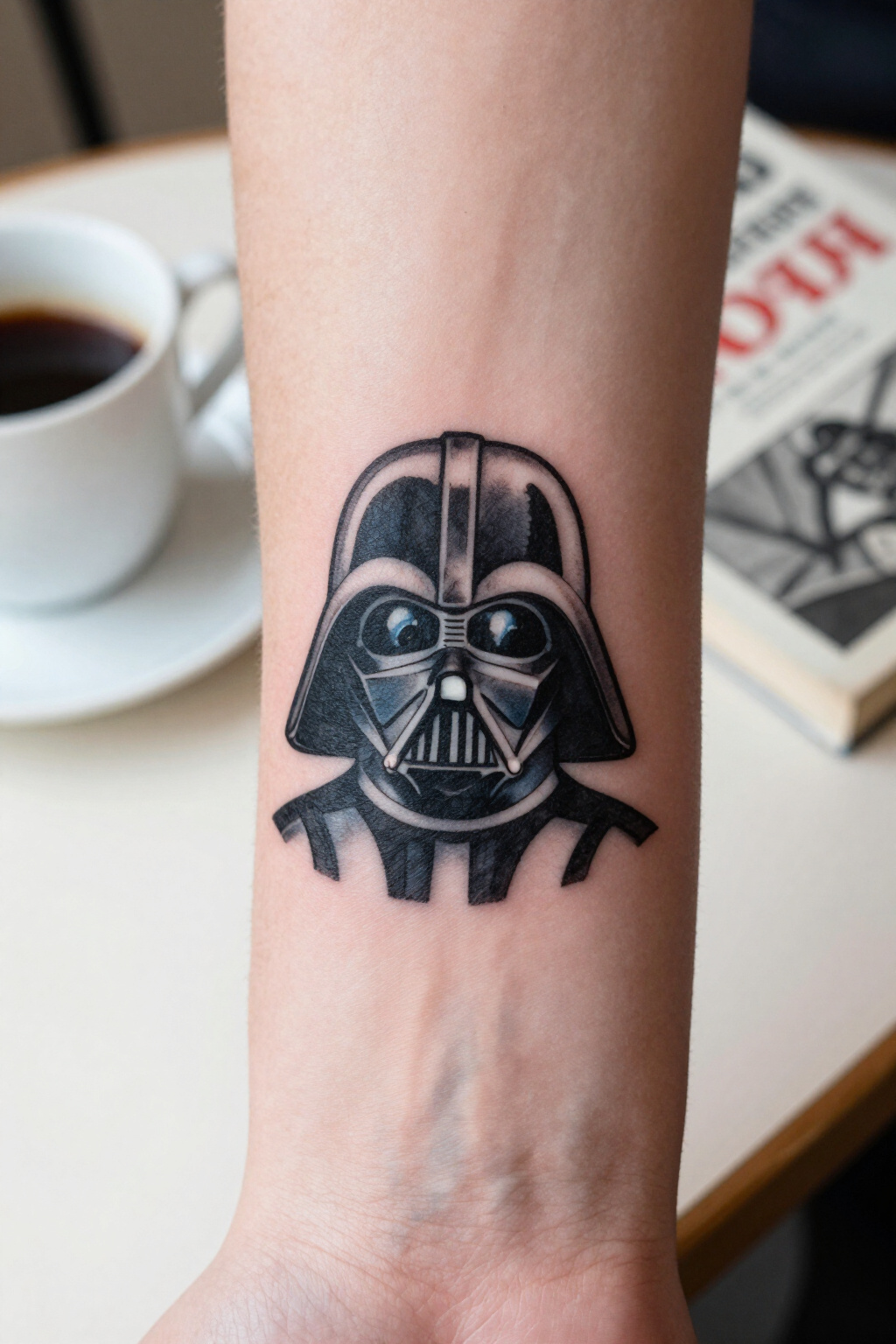 Small Darth Vader tattoo with blue shading on wrist.