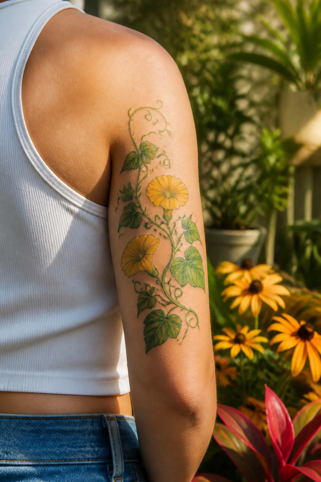 25 Morning Glory Tattoo Ideas for 2026 20 Tattoo of yellow morning glory with green leaves.