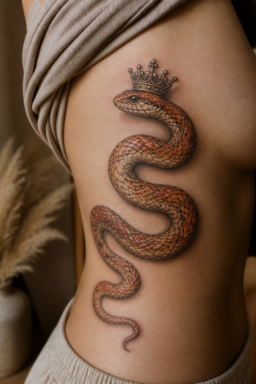 Corn snake wearing a crown tattoo.