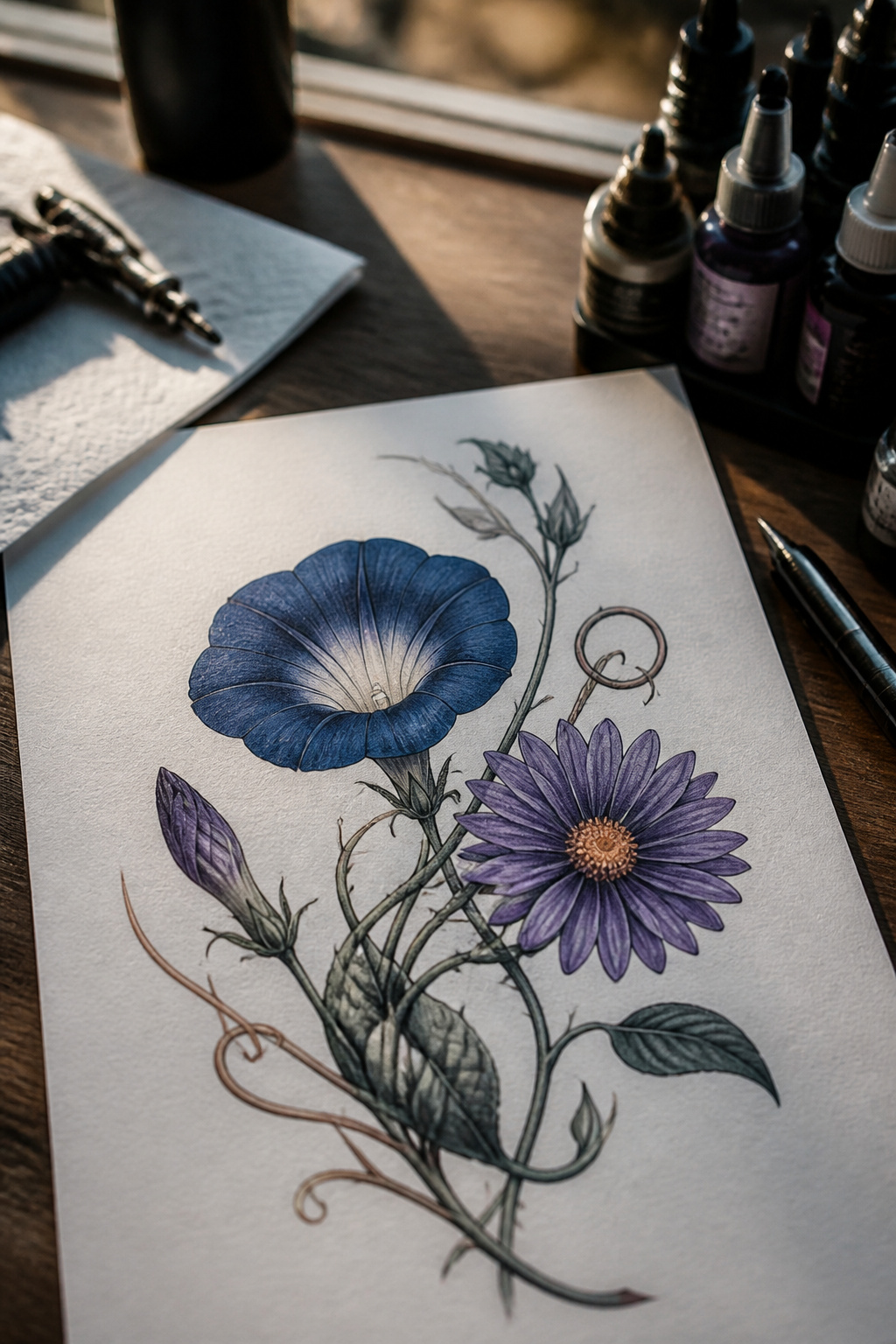 25 Morning Glory Tattoo Ideas for 2026 21 Tattoo featuring morning glory and aster flowers.