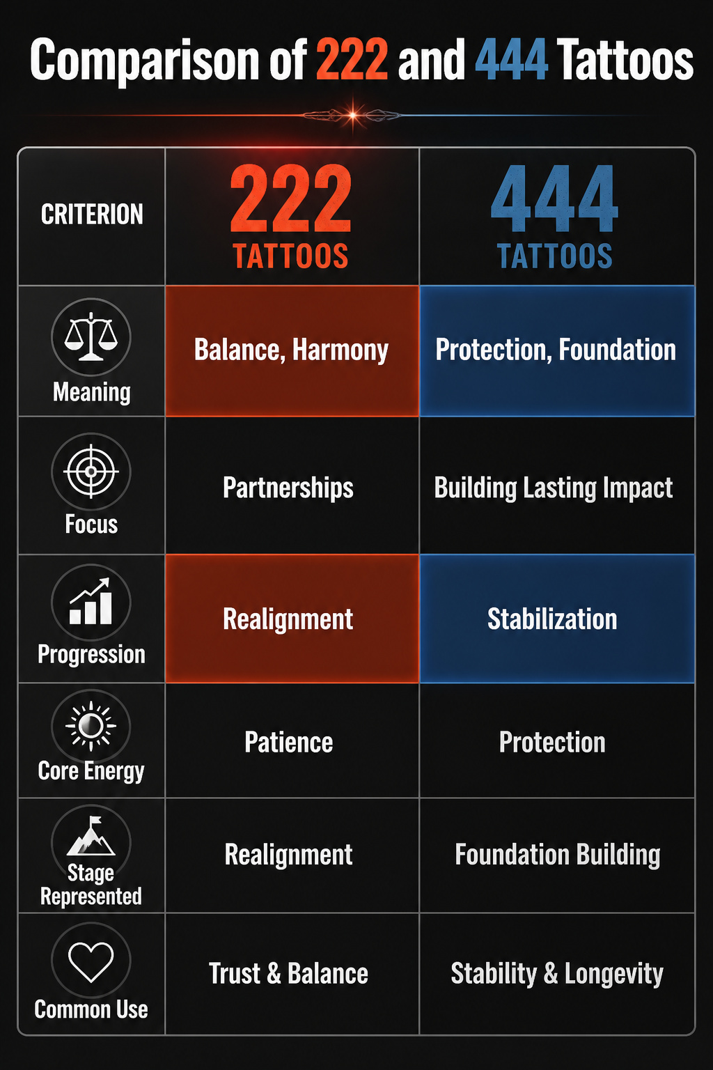 17 222 Tattoo Ideas and Meanings for 2026 21 An information graphic comparing the meanings of 222 and 444 tattoos.