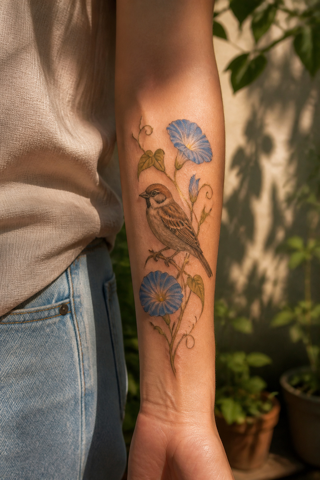 25 Morning Glory Tattoo Ideas for 2026 22 Tattoo of morning glory vine with a sparrow.