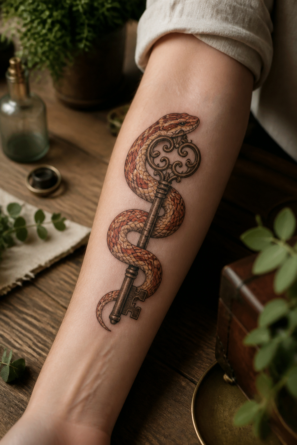Corn snake entwined with a skeleton key tattoo.