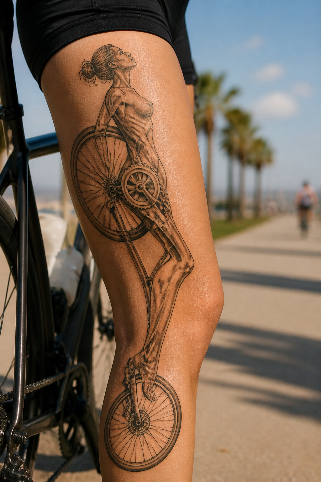 Bike Life Tattoo Ideas: 37 Designs for Cyclists in 2026 22 Figurative tattoo merging a woman with bike elements.