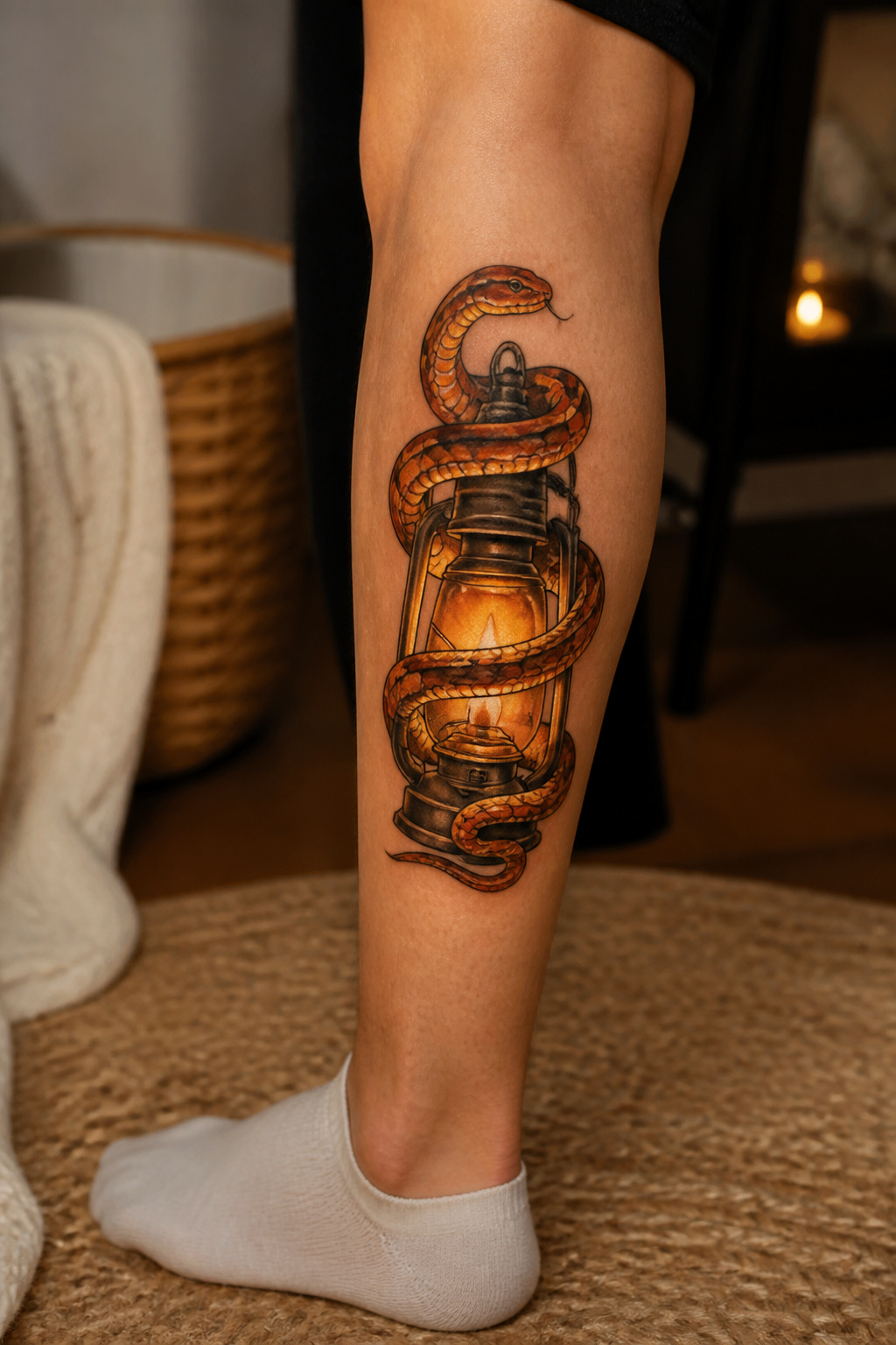 Corn snake wrapped around a lantern tattoo.