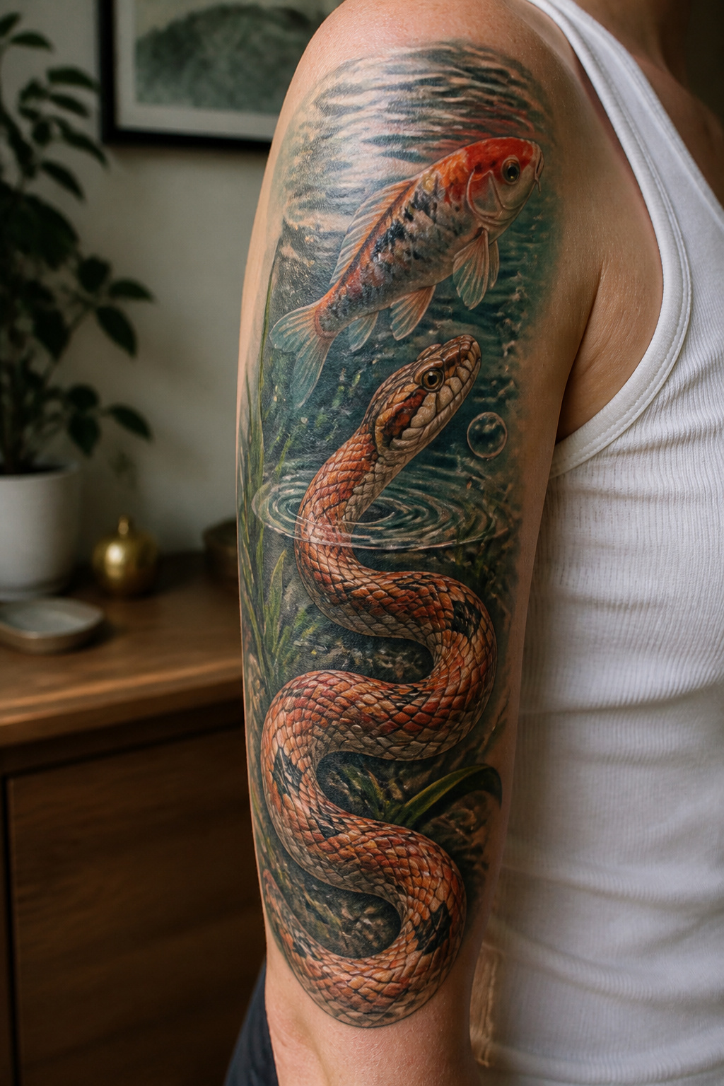 Corn snake and fish tattoo.