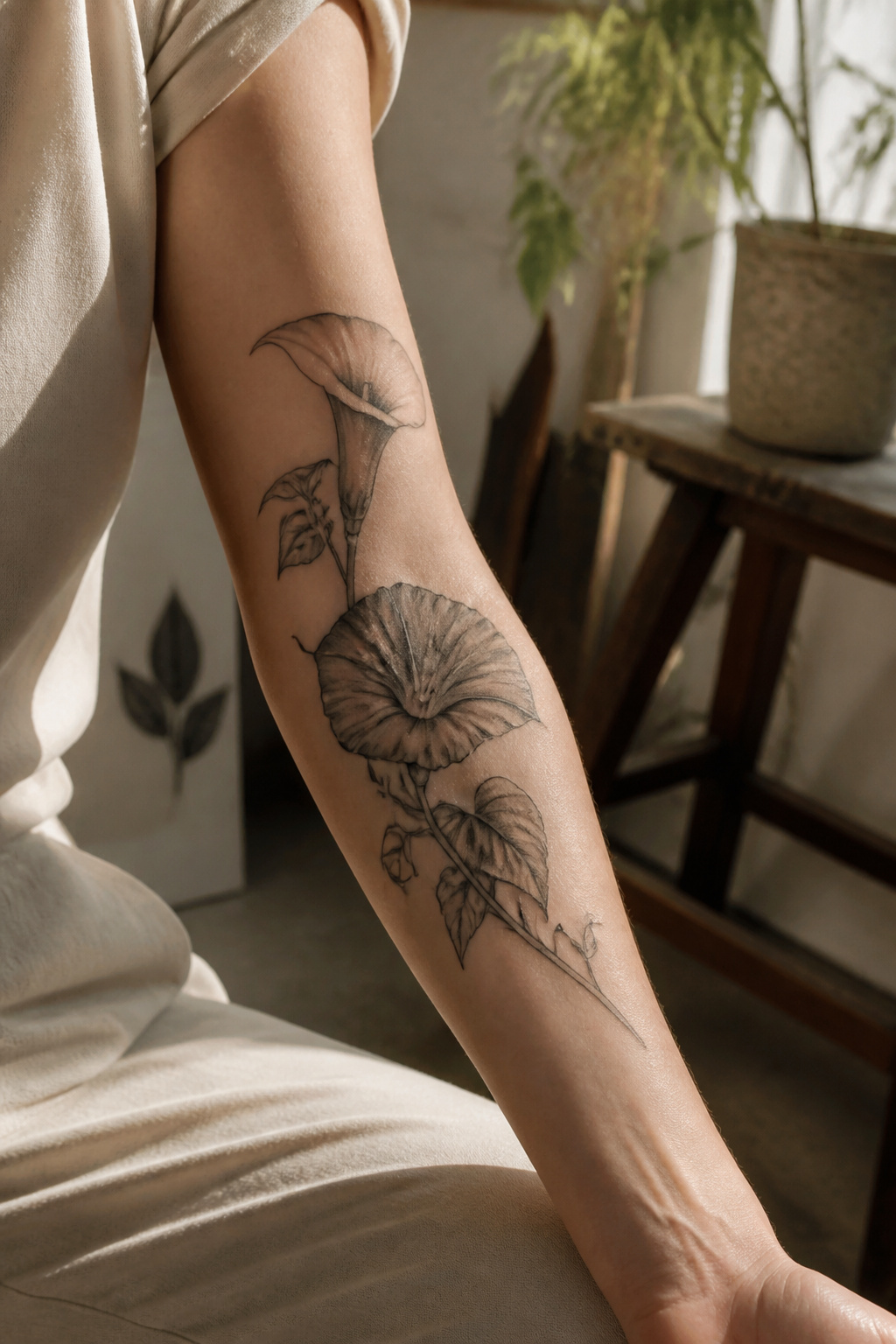 25 Morning Glory Tattoo Ideas for 2026 24 Tattoo of morning glory and calla lily on forearm.