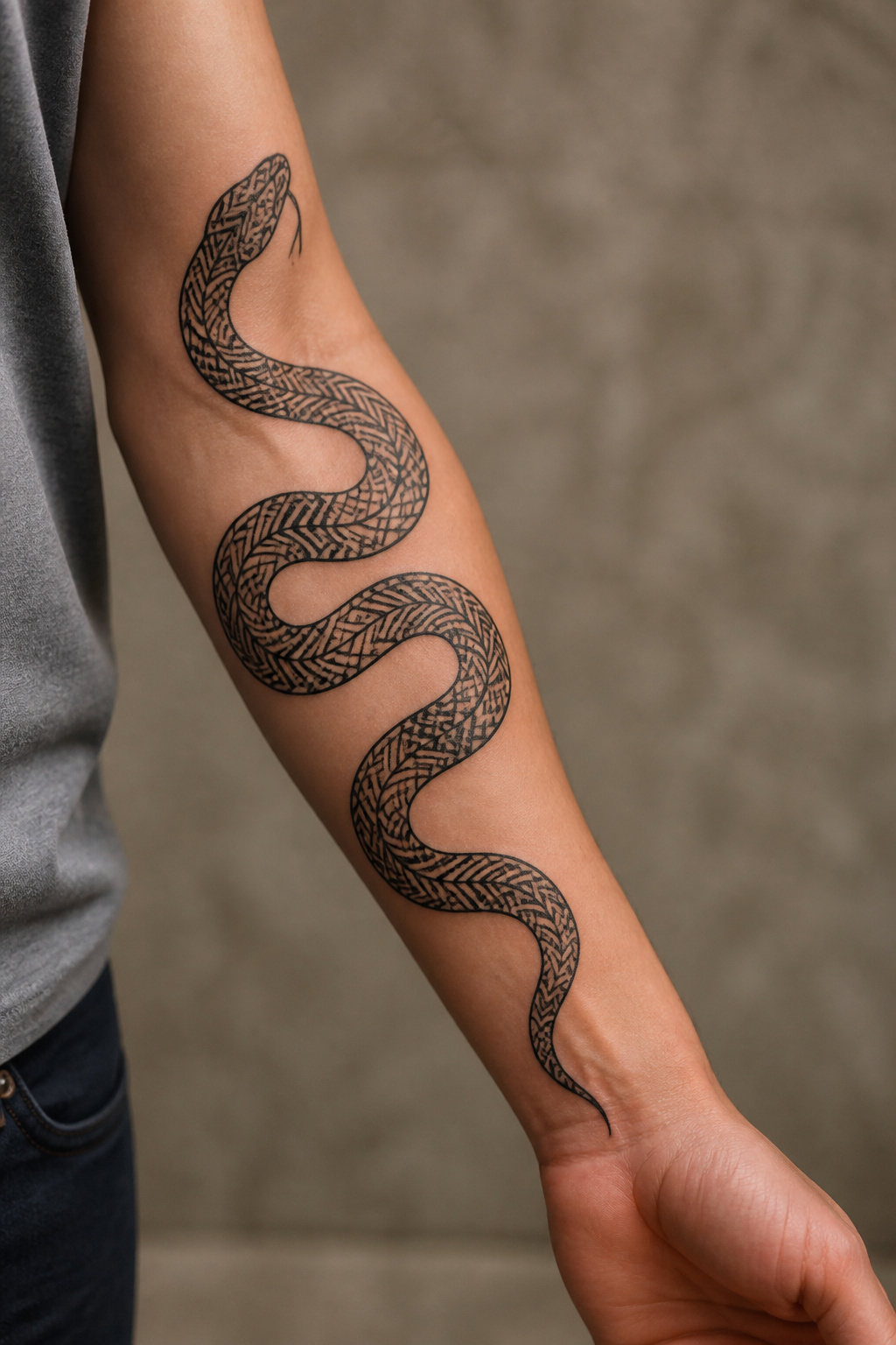Tribal pattern fill corn snake tattoo.