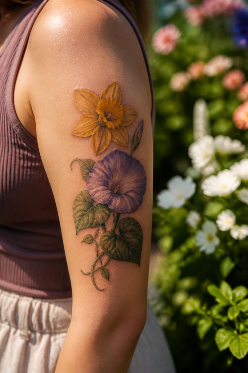 25 Morning Glory Tattoo Ideas for 2026 25 Tattoo of morning glory and daffodil on upper arm.