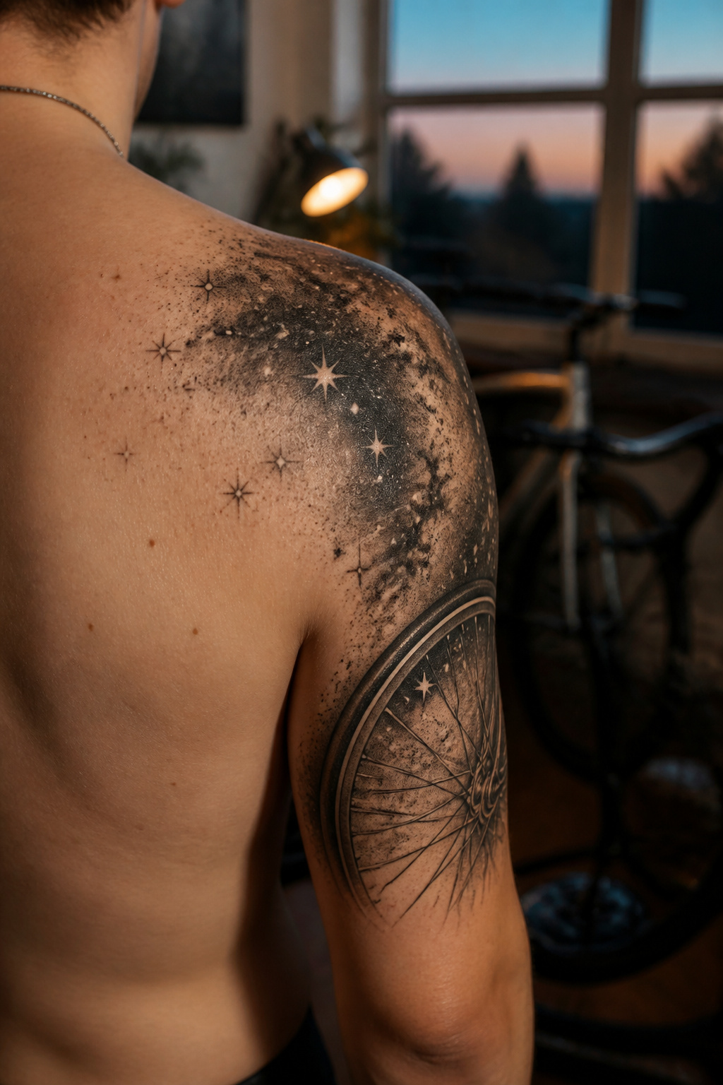 Bike Life Tattoo Ideas: 37 Designs for Cyclists in 2026 25 Tattoo of a starry sky blending into a bike wheel.