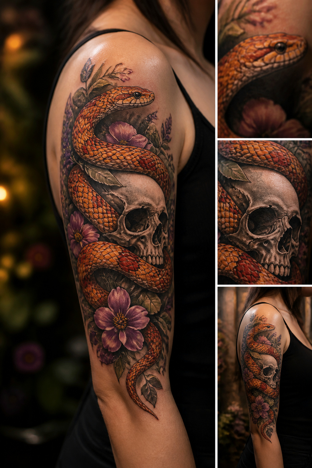 Corn snake threaded through a skull and flowers tattoo.