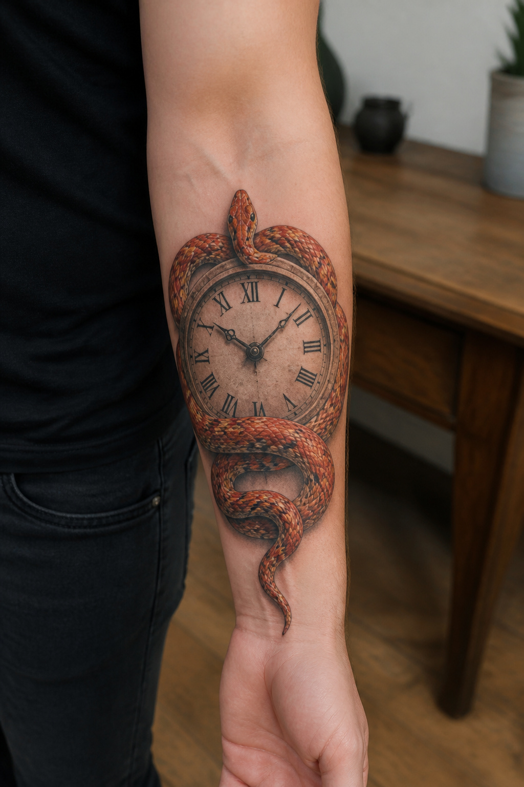 Corn snake entwined with a clock tattoo.
