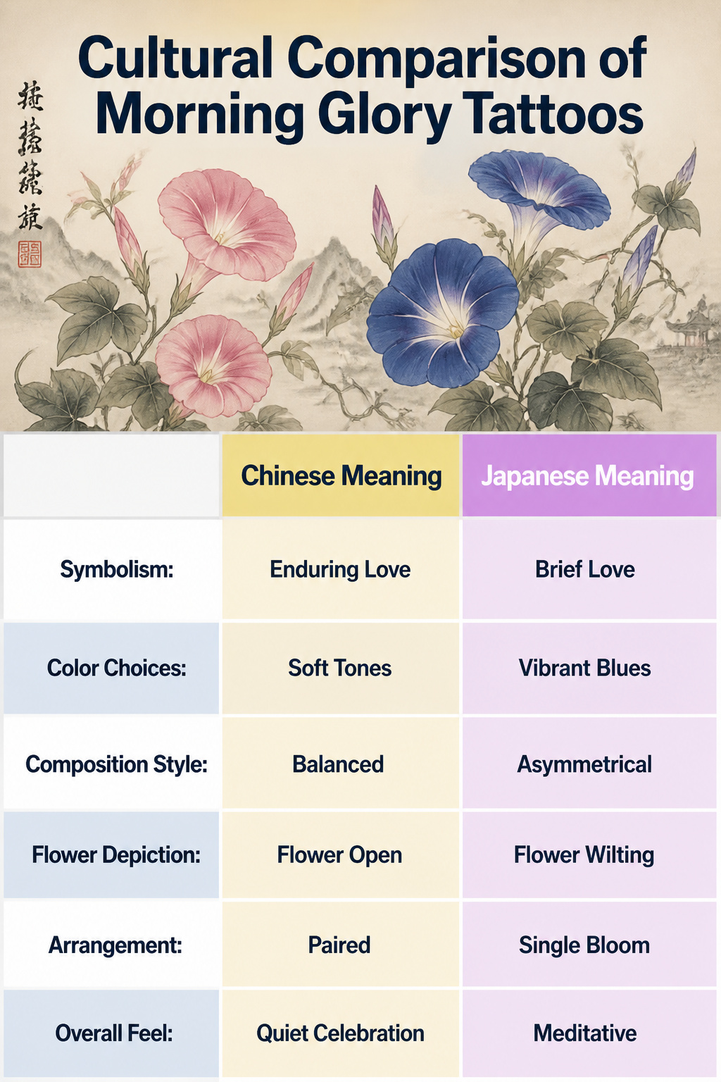 25 Morning Glory Tattoo Ideas for 2026 27 Cultural comparison of morning glory tattoos.