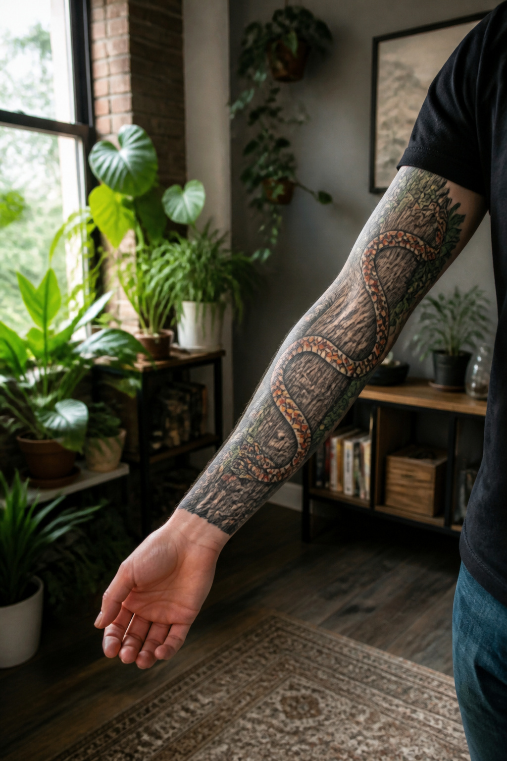 Corn snake coiled around a tree tattoo.