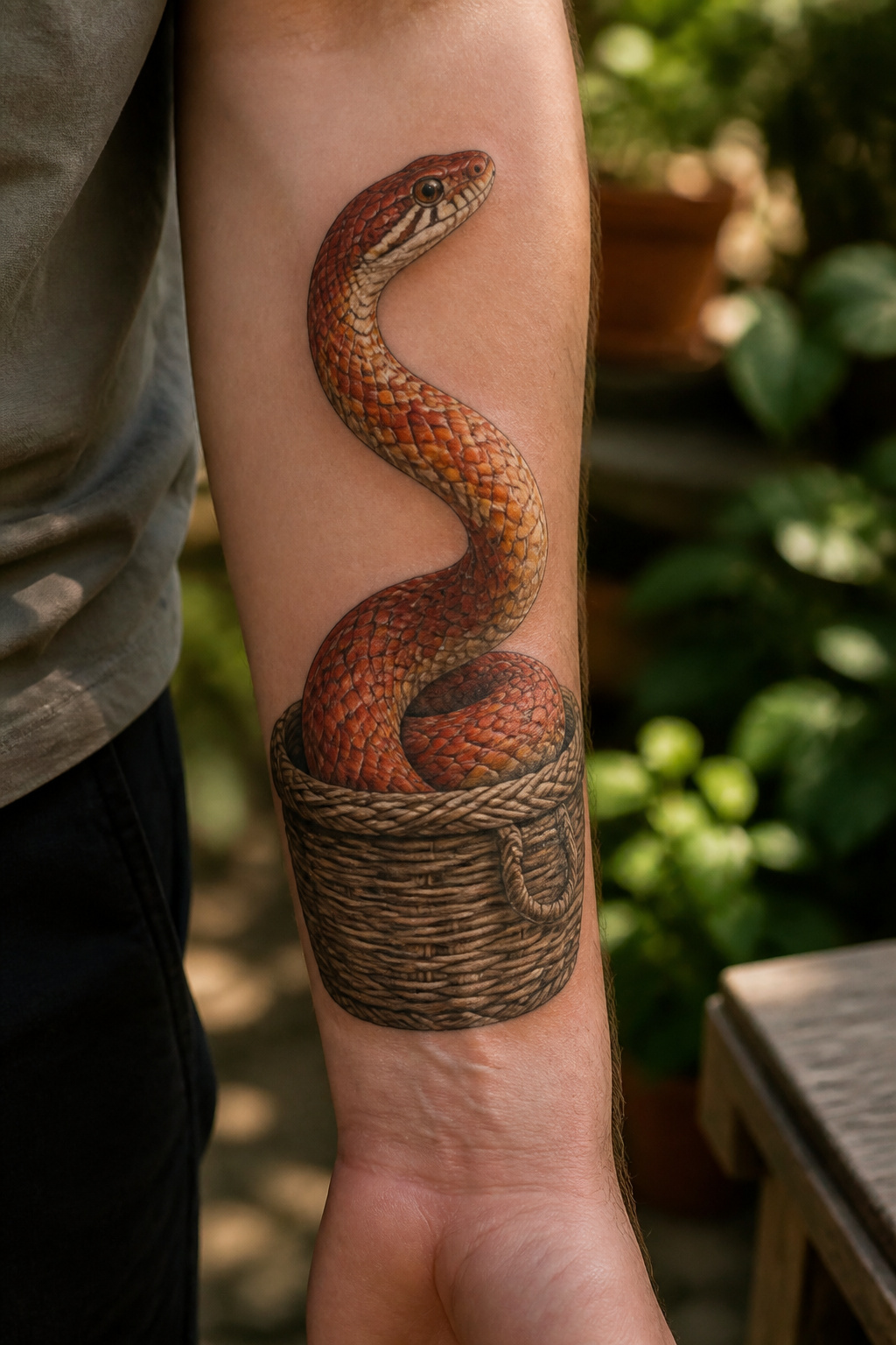 Corn snake rising from a woven basket tattoo.