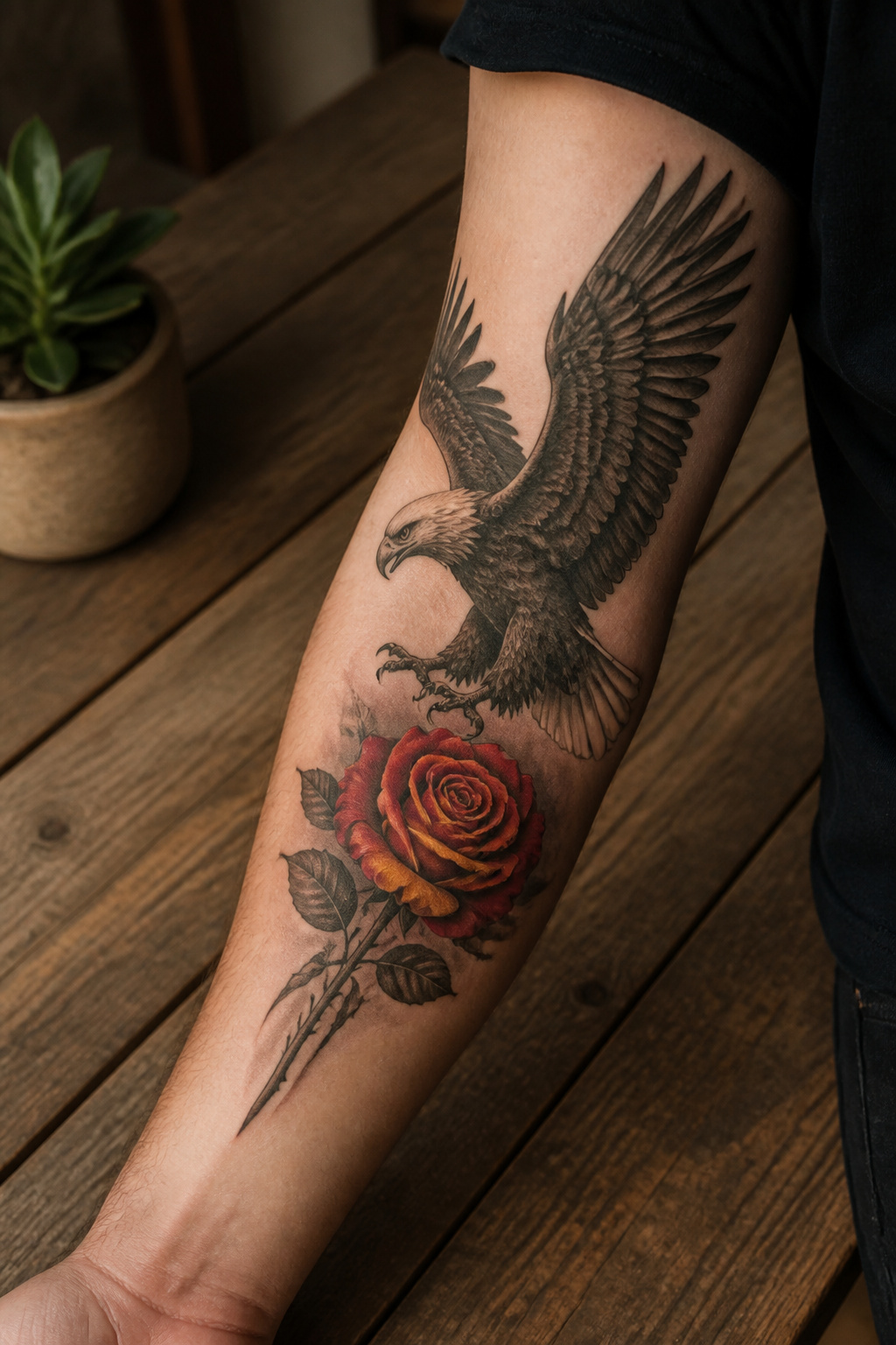 Eagle Tattoo Ideas for Men and Women: Designs and Styles 29 Eagle and rose tattoo on forearm.