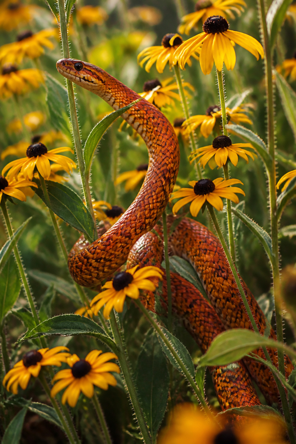 Corn snake wrapped in wildflowers.