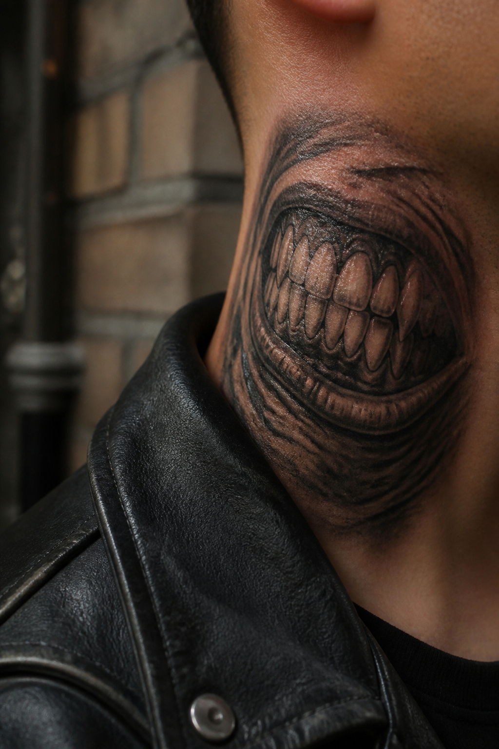 Lips Tattoo on Neck: 8 Design Ideas for 2026 3 A tattoo of a snarling mouth with bared teeth on the neck.