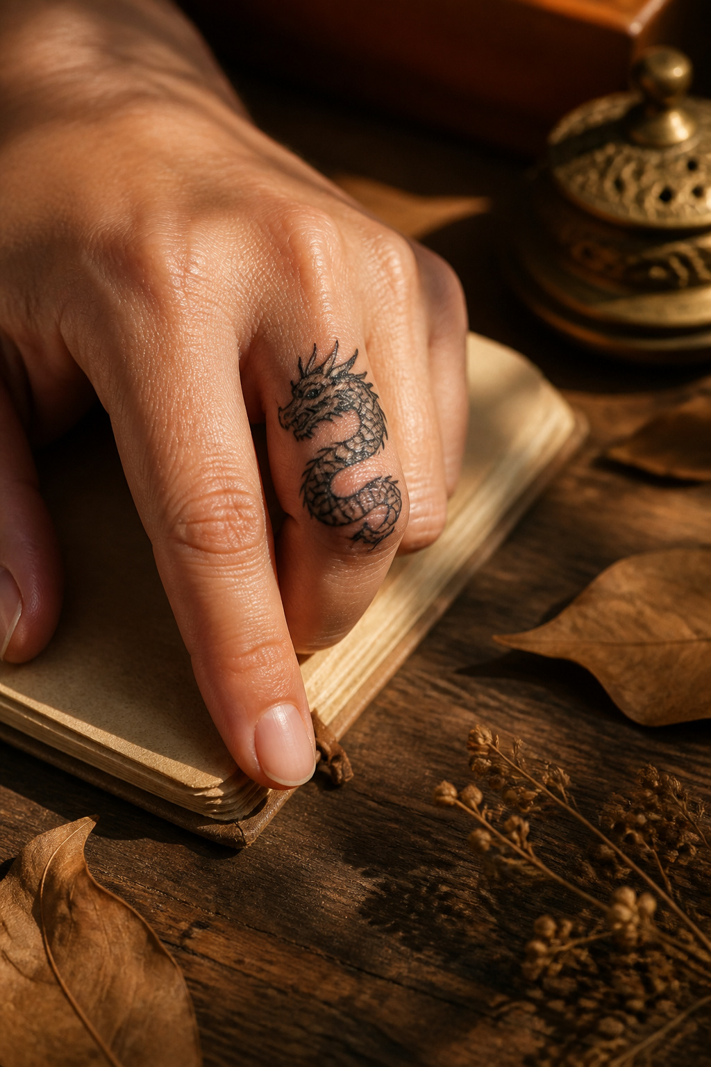 Dragon finger tattoo reflecting various cultural meanings.