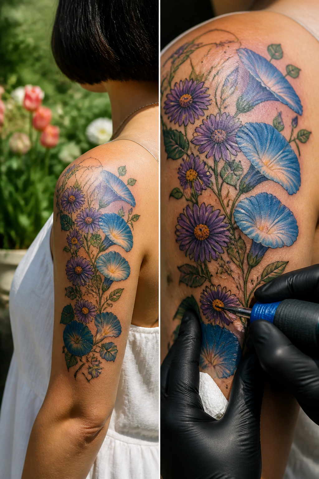 25 Morning Glory Tattoo Ideas for 2026 3 Tattoo featuring morning glory and purple aster flowers.