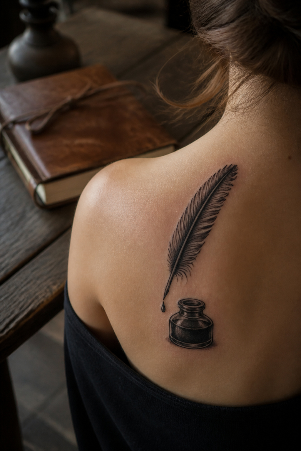 Feather quill and inkwell tattoo on a shoulder blade.