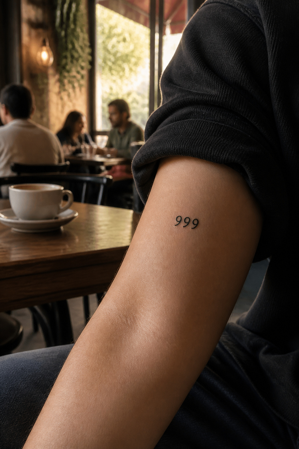 A photograph showing Halsey's 999 tattoo with minimalist design.
