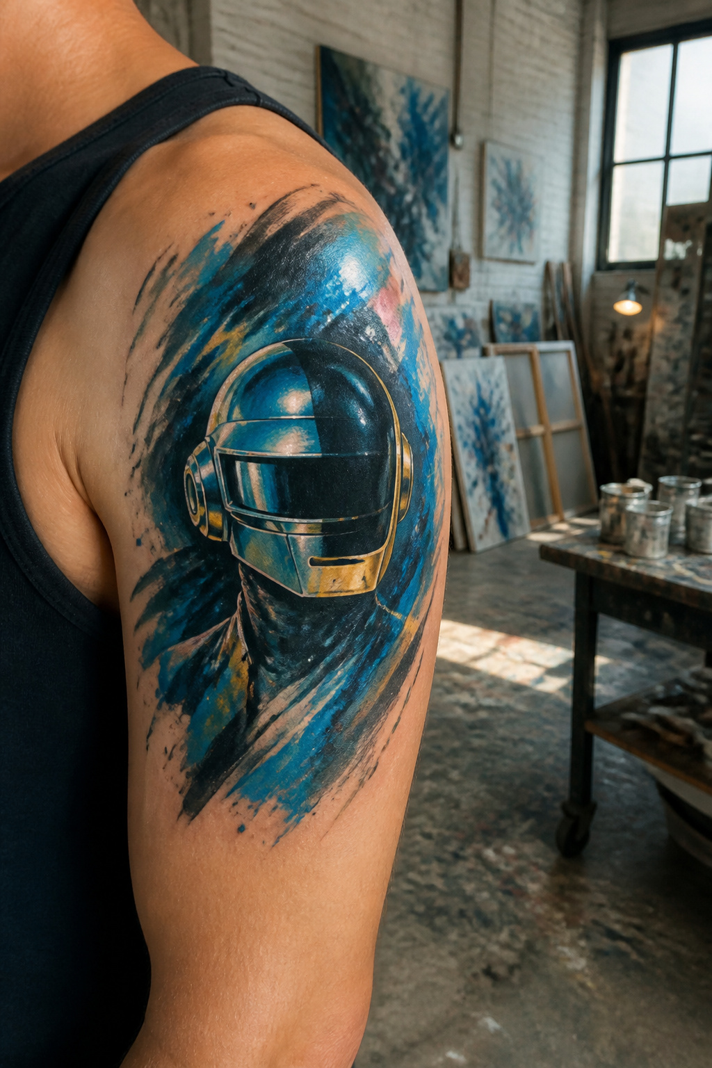 Tattoo of 'Discovery' album artwork in blue and chrome gold.
