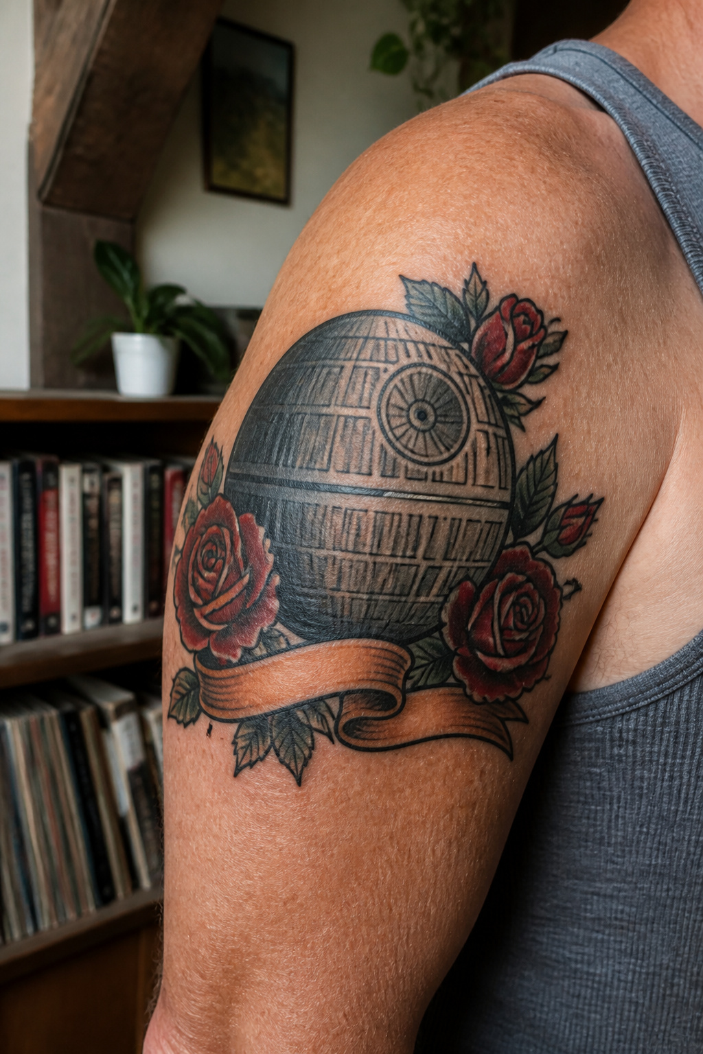 Bold traditional Death Star tattoo with red roses and a banner.