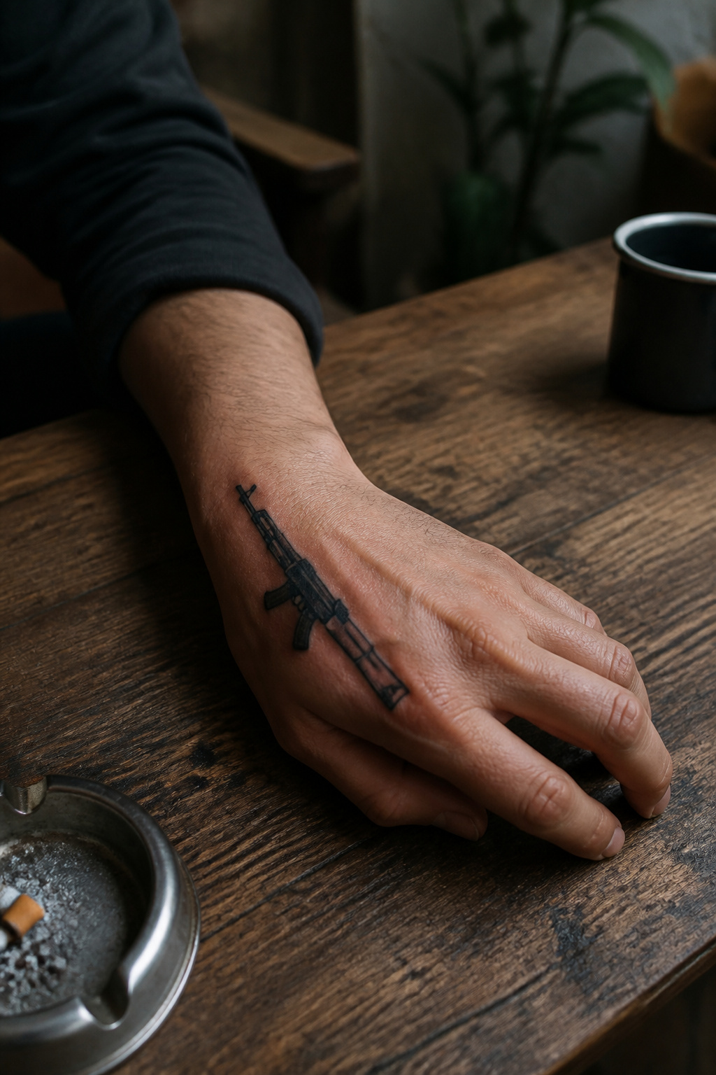 AK-47 tattoo prominently displayed on a hand.