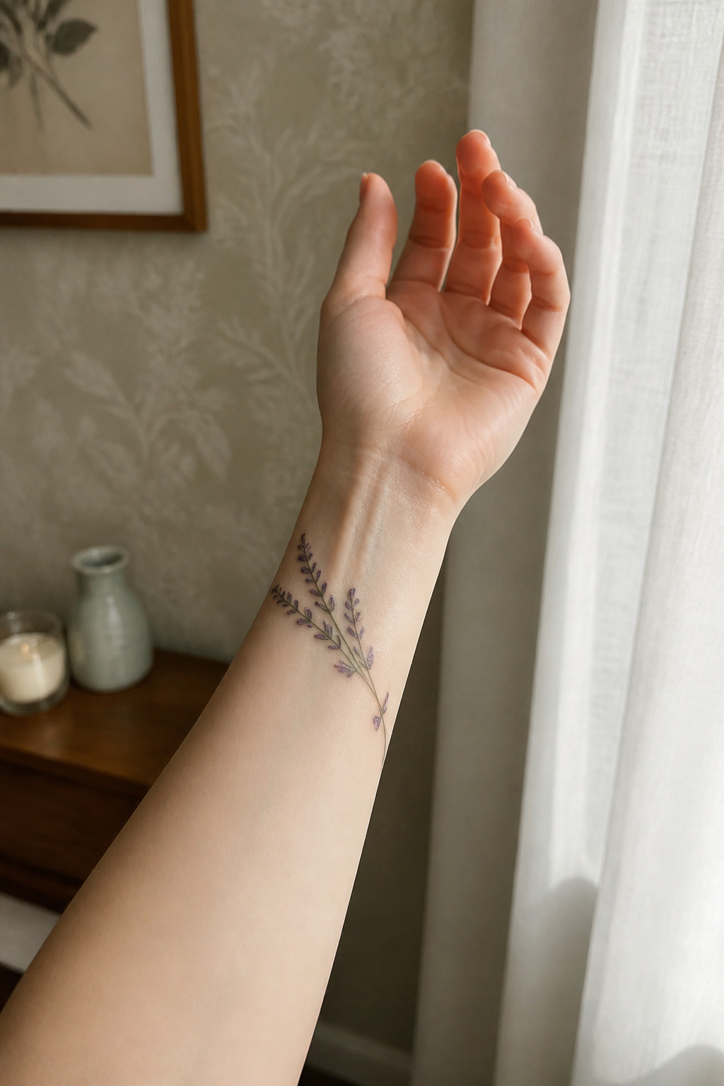 A lavender stem tattoo wrapping around a wrist.