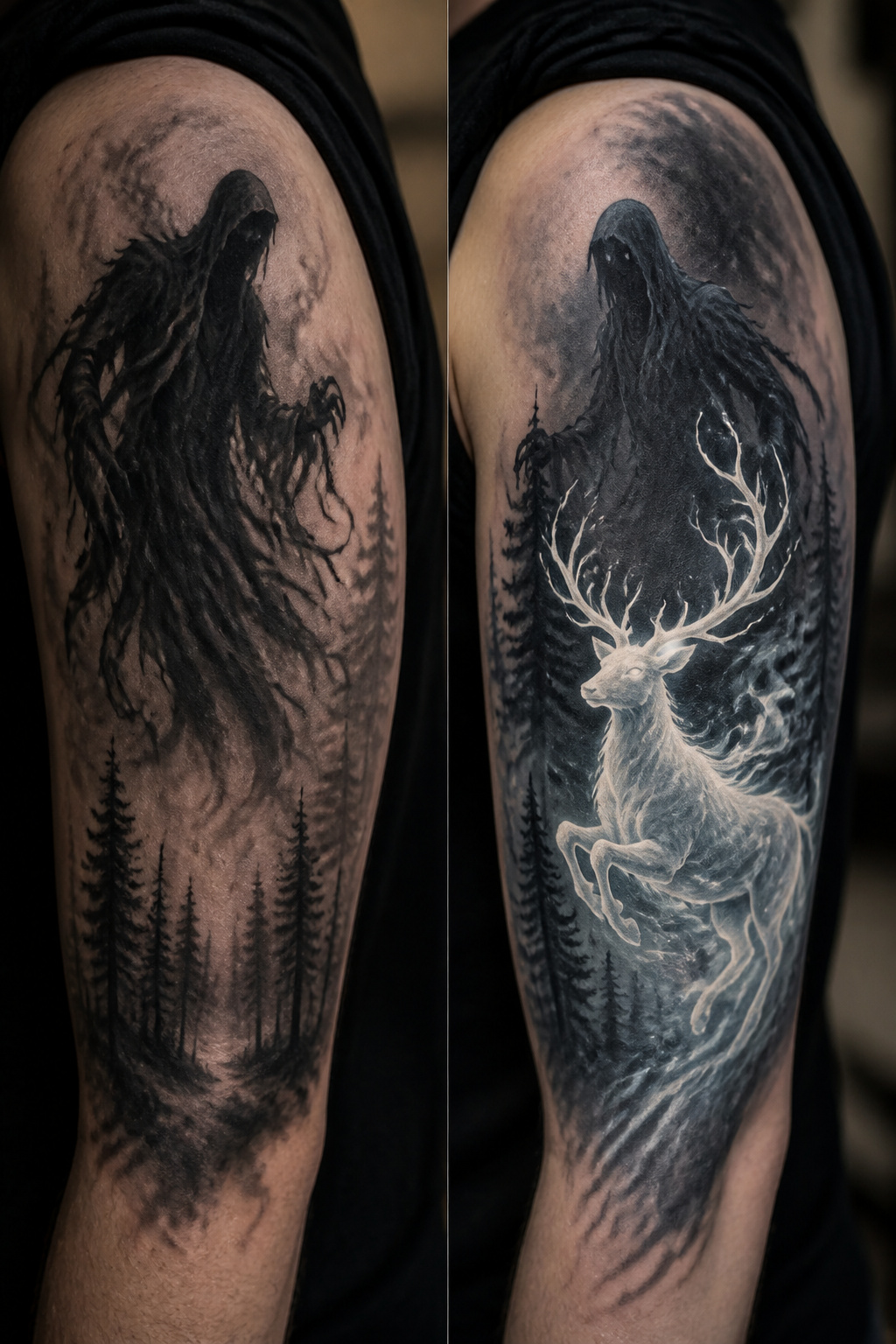 Tattoo design featuring a Dementor and a stag Patronus.