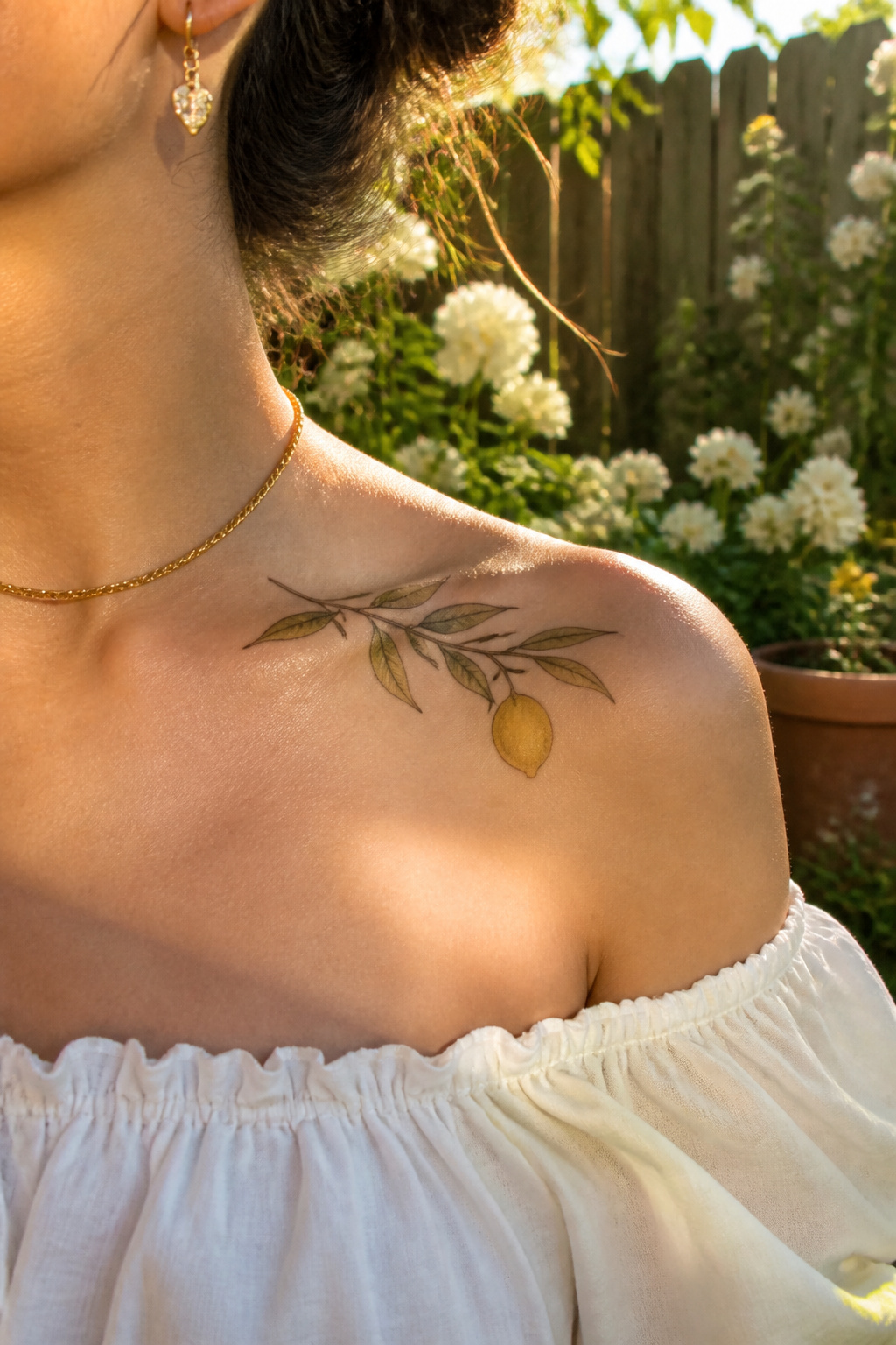 Lemon Tattoo Designs, Meanings, Styles & 2026 Placement Guide 3 A tattoo of a lemon branch with leaves and a ripe lemon on the collarbone.