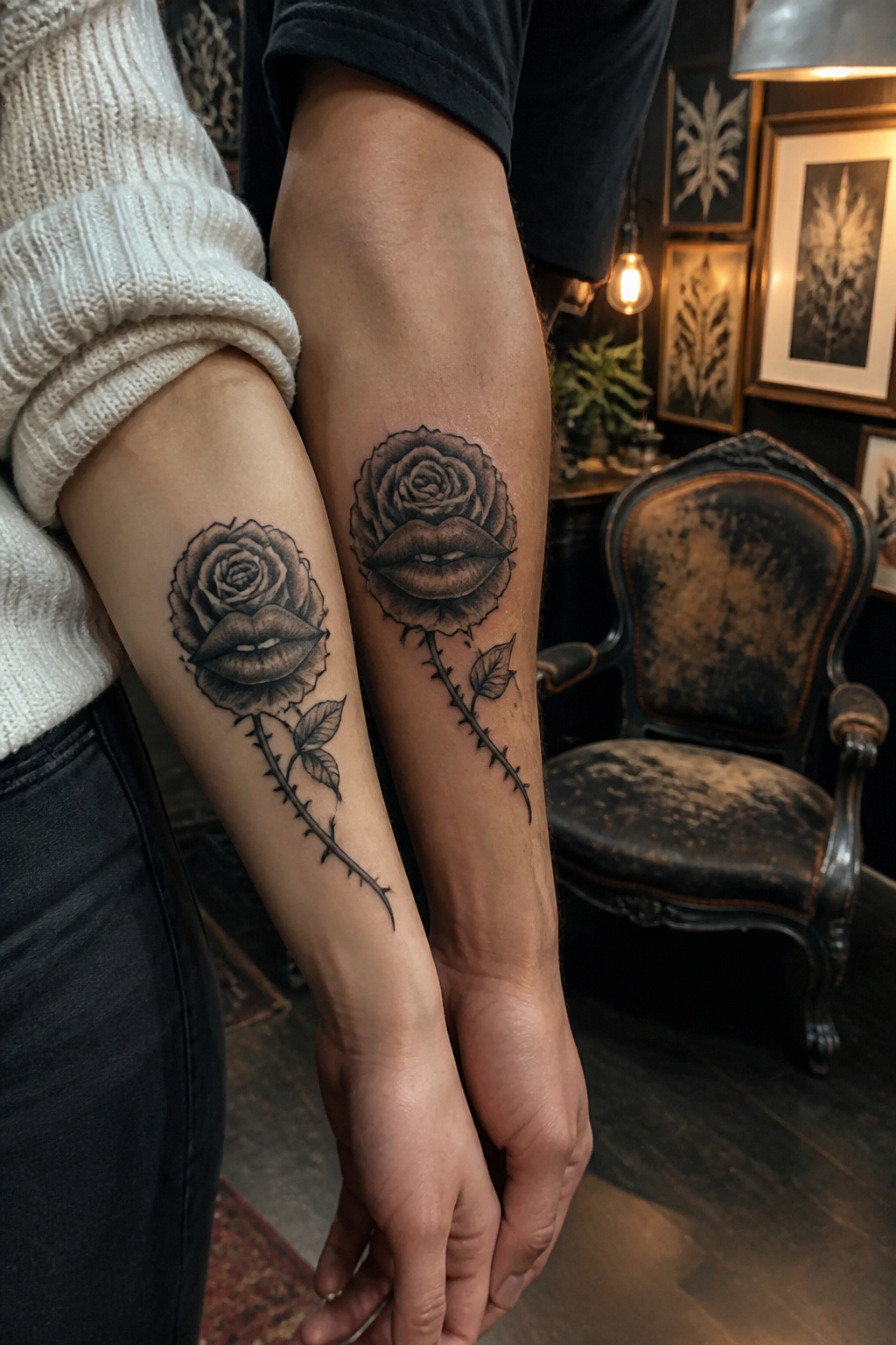 Kiss of Death Tattoo: Meanings, History & Design Ideas 3 A couple's forearms with matching kiss of death tattoos of lips and roses.