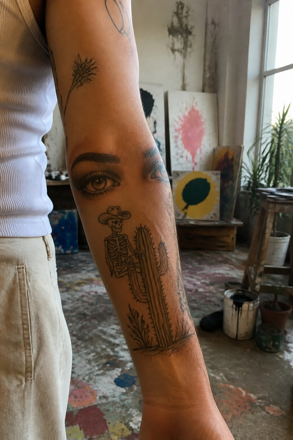 5 Bad Bunny Tattoo Placements on His Body (2026) 3 Detail of Bad Bunny's left forearm tattoo with a woman's eyes.