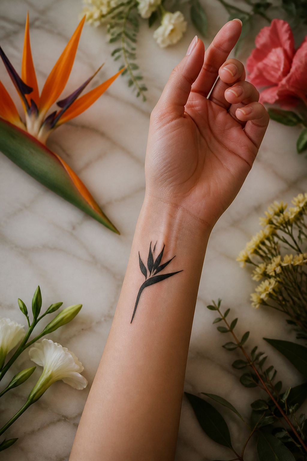 Bird of Paradise Tattoo: Meaning, Styles and Placement 3 Simple black outline tattoo of a bird of paradise on a wrist.