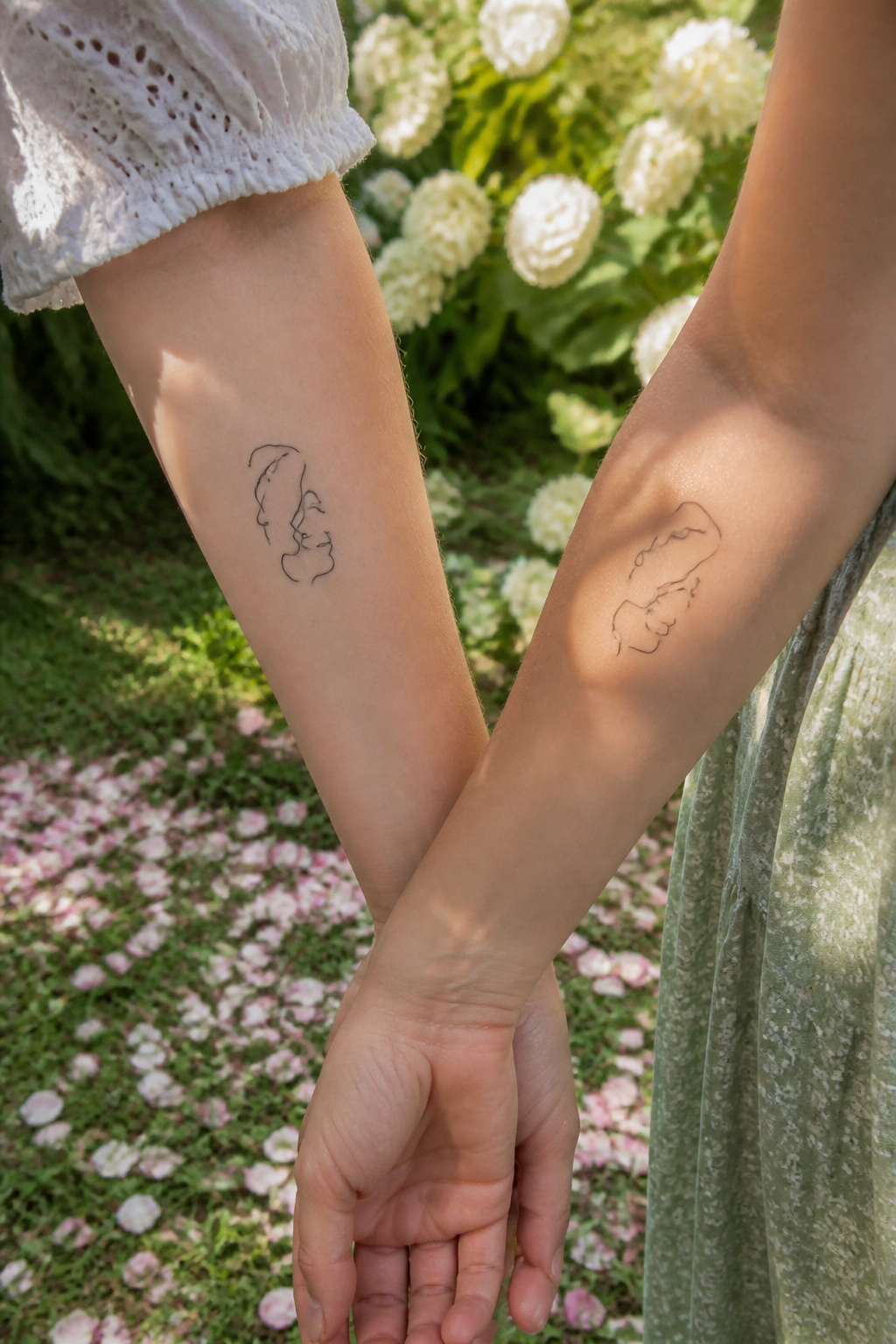 Two forearms displaying minimalist line art interlocking profiles.