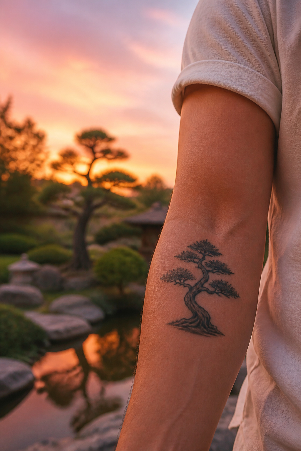 Martial Arts Tattoo Ideas: Karate Symbols, Black Belts and Personal Meaning 3 Bonsai tree tattoo silhouette against a setting sun.