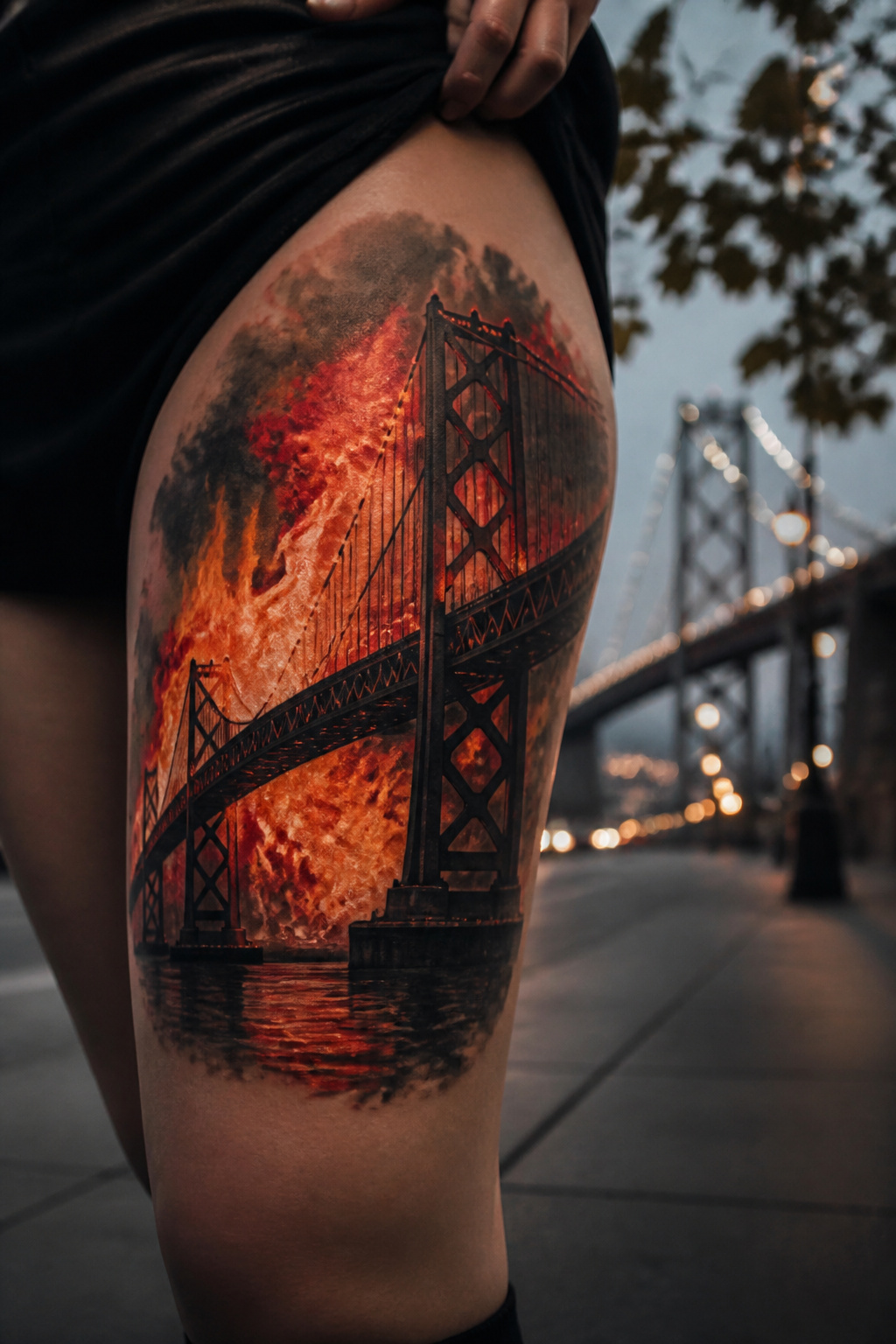 Tattoo of a burning Bay Bridge surrounded by flames on a model's thigh.