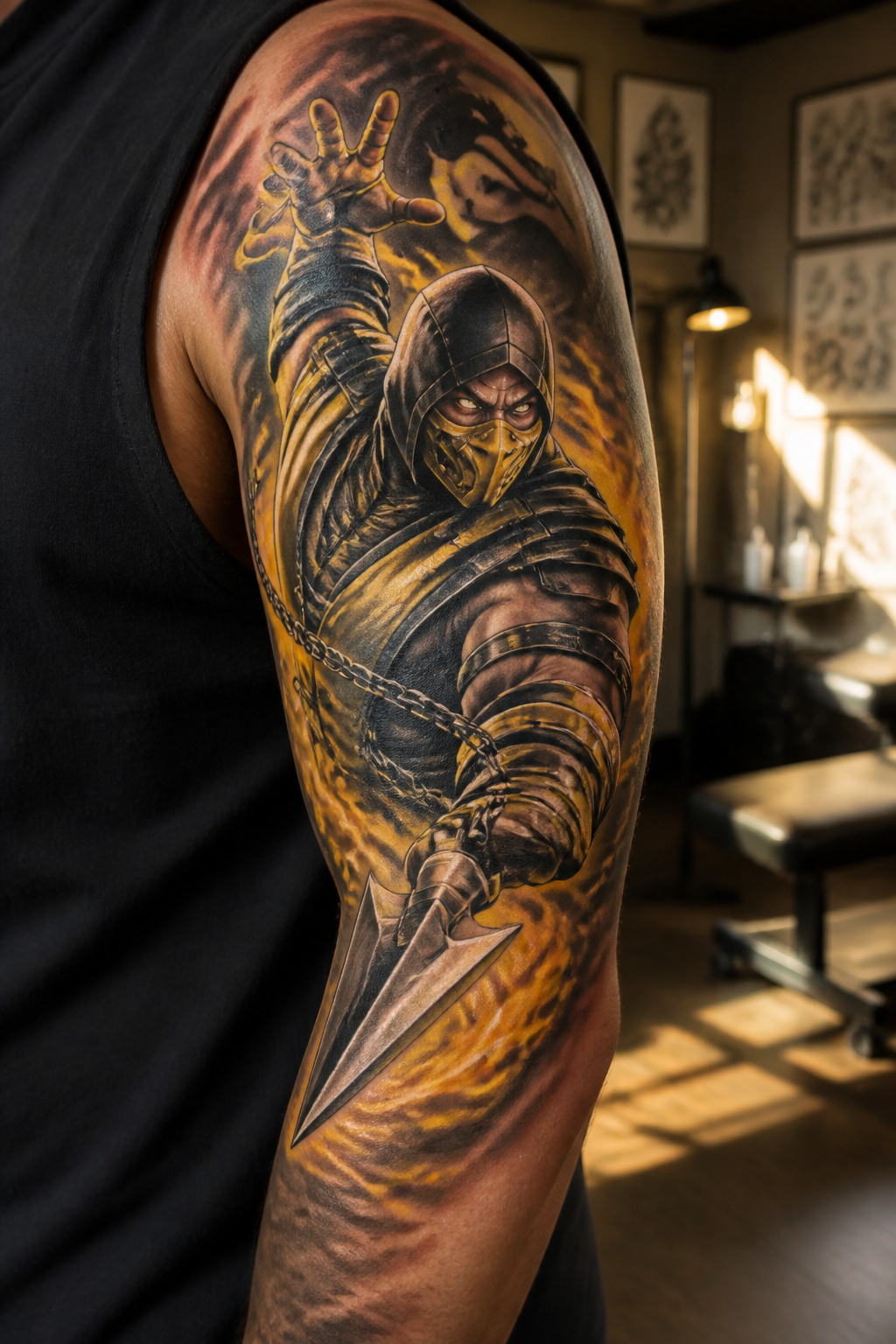 Mortal Kombat Tattoo: Fighter Art, Fatalities, Logo and Custom Ink 3 A tattoo depicting Scorpion with his spear and signature colors.