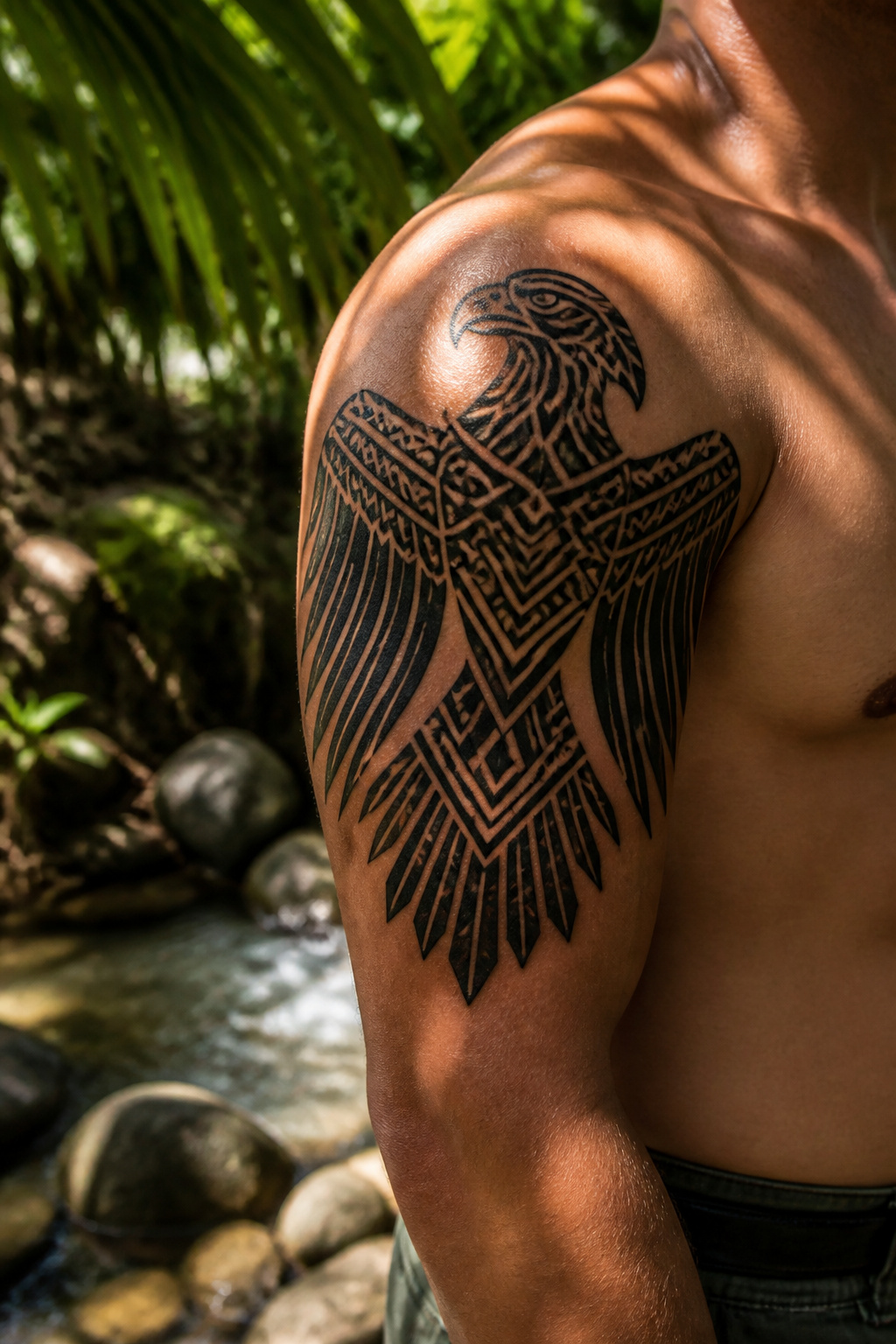 Eagle Tattoo Ideas for Men and Women: Designs and Styles 3 Tribal eagle tattoo with black ink and geometric design.