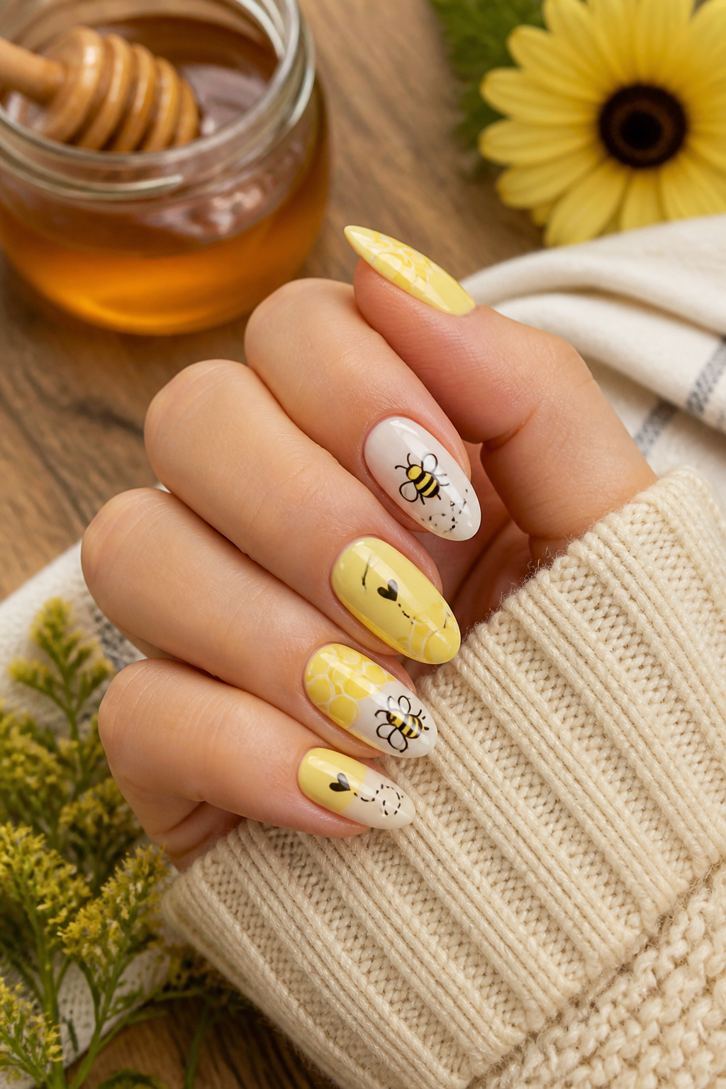 Close-up of nails with bee designs and phrases like 'honey bunch' on a light background.