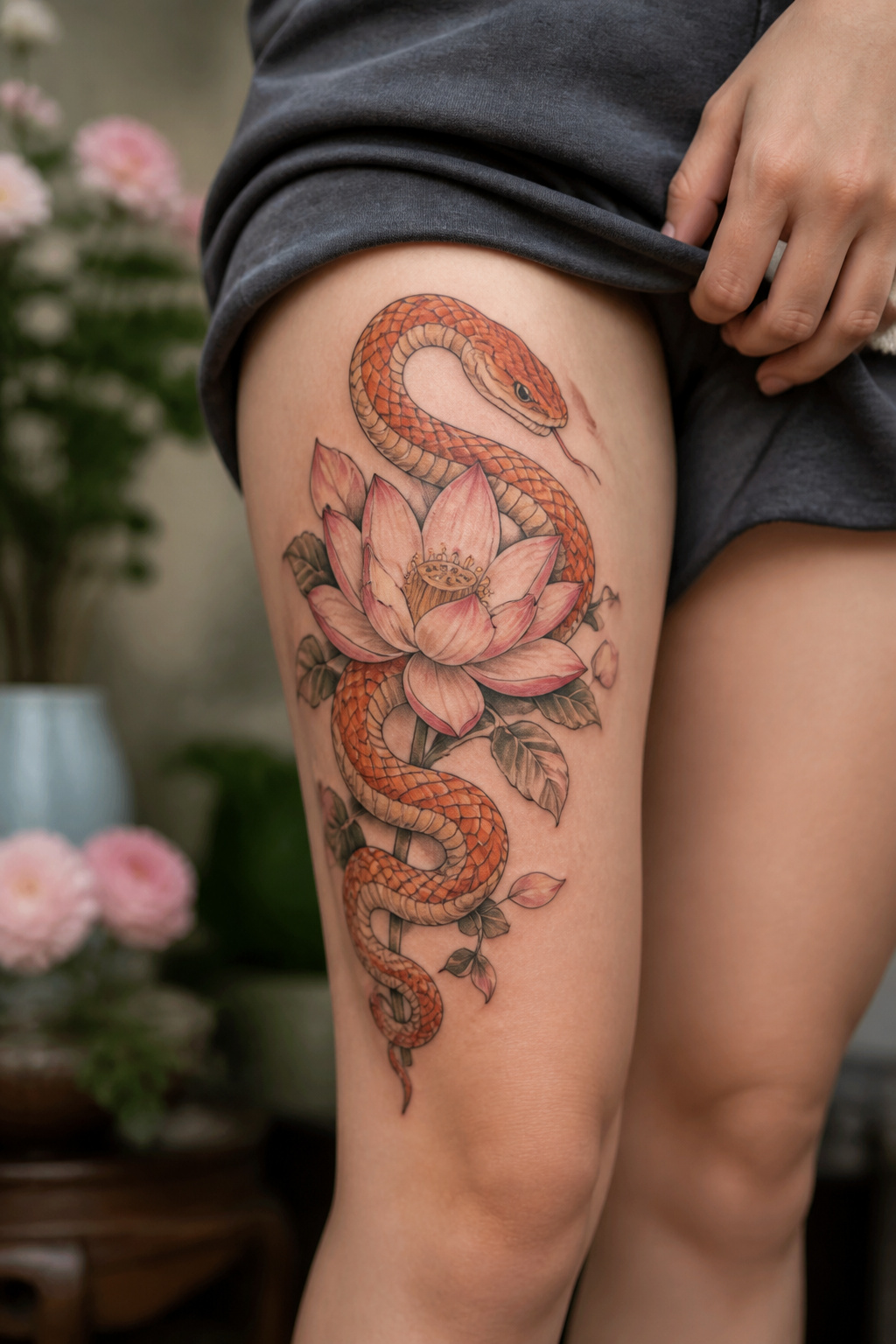 Corn snake wrapped around a lotus flower tattoo.