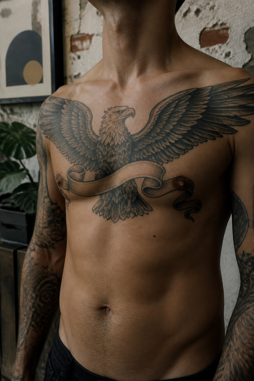 Eagle Tattoo Ideas for Men and Women: Designs and Styles 30 Eagle tattoo with a flowing banner on chest.