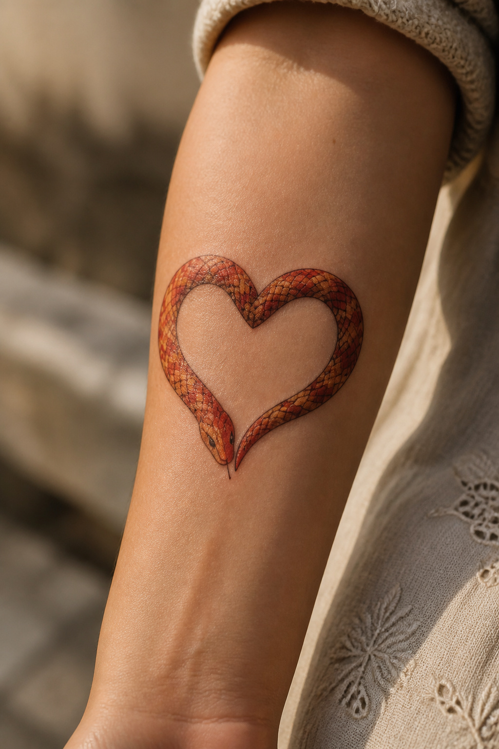 Corn snake forming a heart shape tattoo.