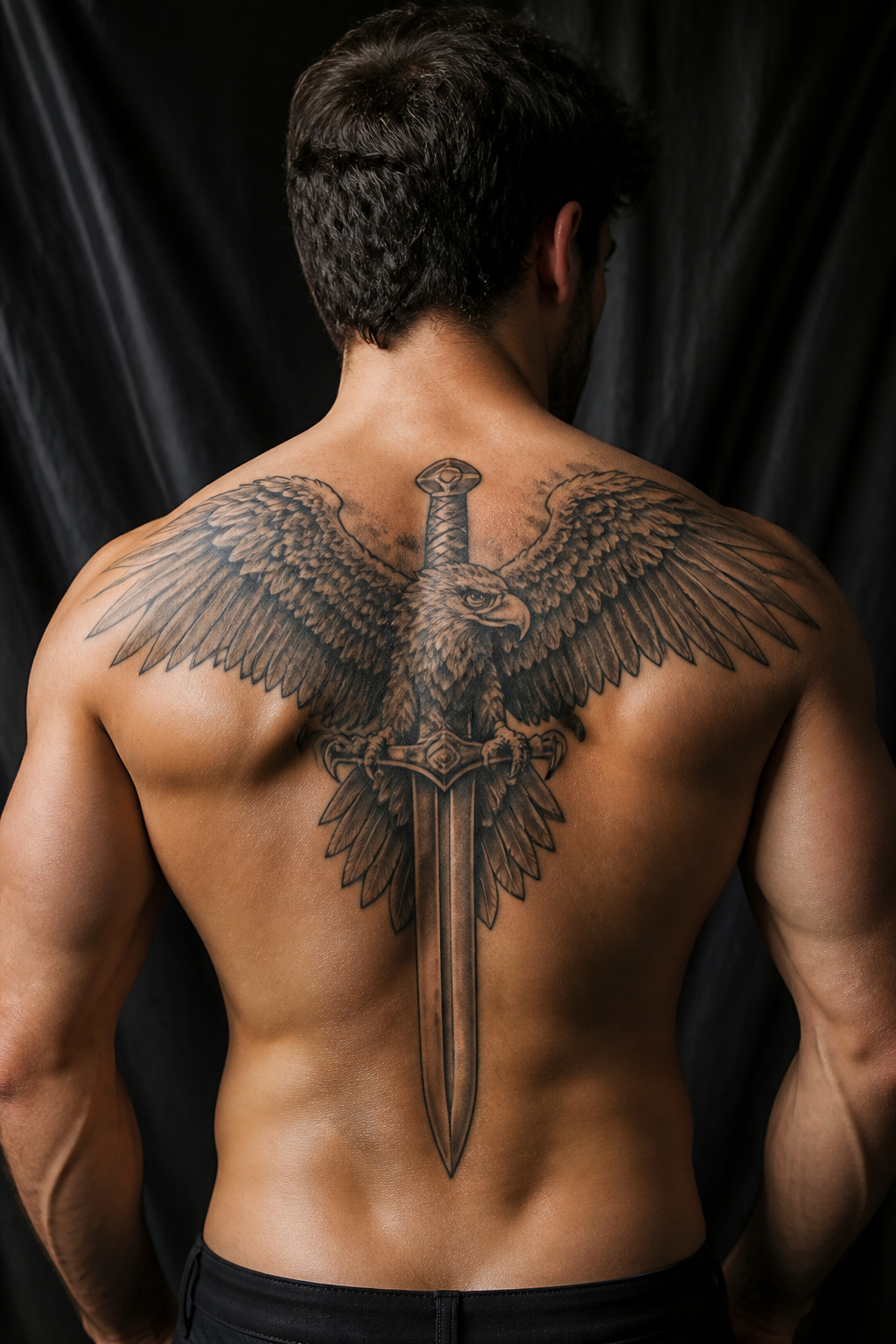 Eagle Tattoo Ideas for Men and Women: Designs and Styles 31 Eagle tattoo holding a sword on upper back.