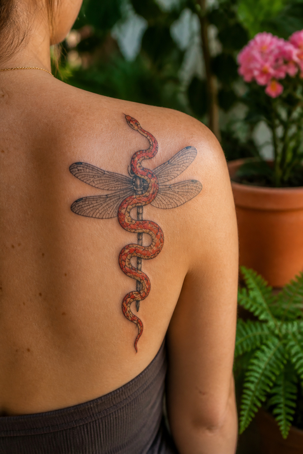 Corn snake and dragonfly tattoo.