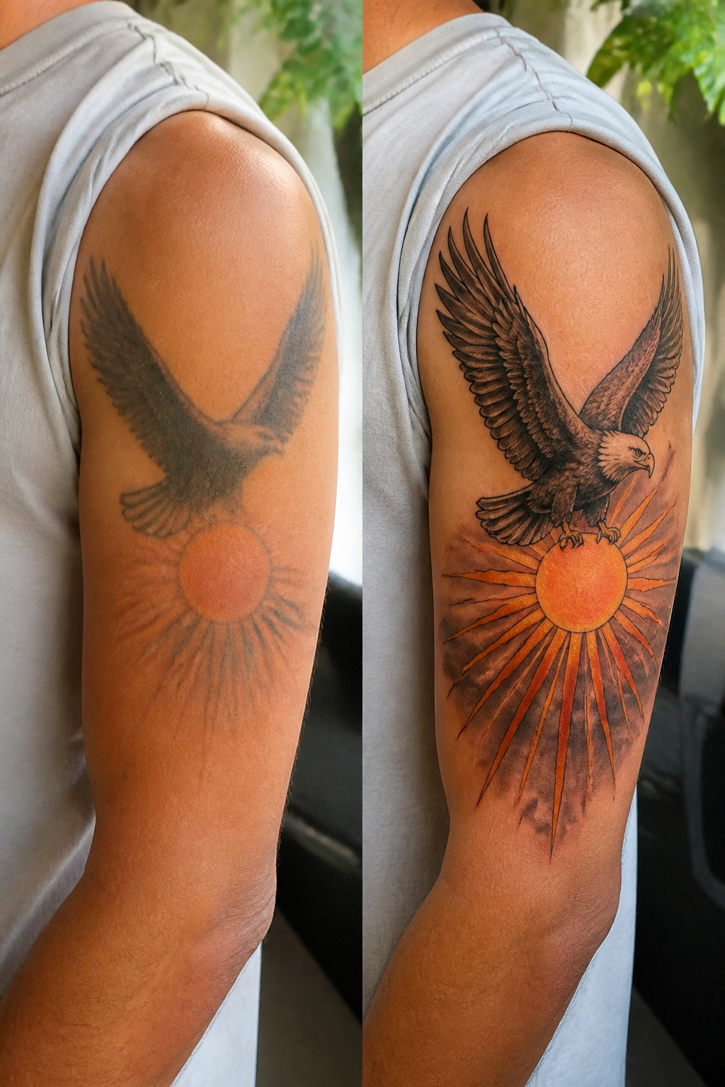 Eagle Tattoo Ideas for Men and Women: Designs and Styles 32 Eagle tattoo with sun or moon backdrop.