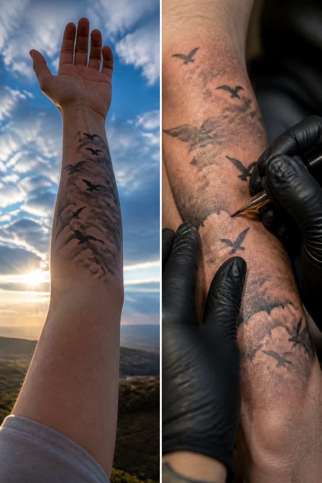 40 Cloud Tattoo Ideas for 2026: Japanese, Storm, Sleeve & More 32 Tattoo of birds amidst cloud formations.