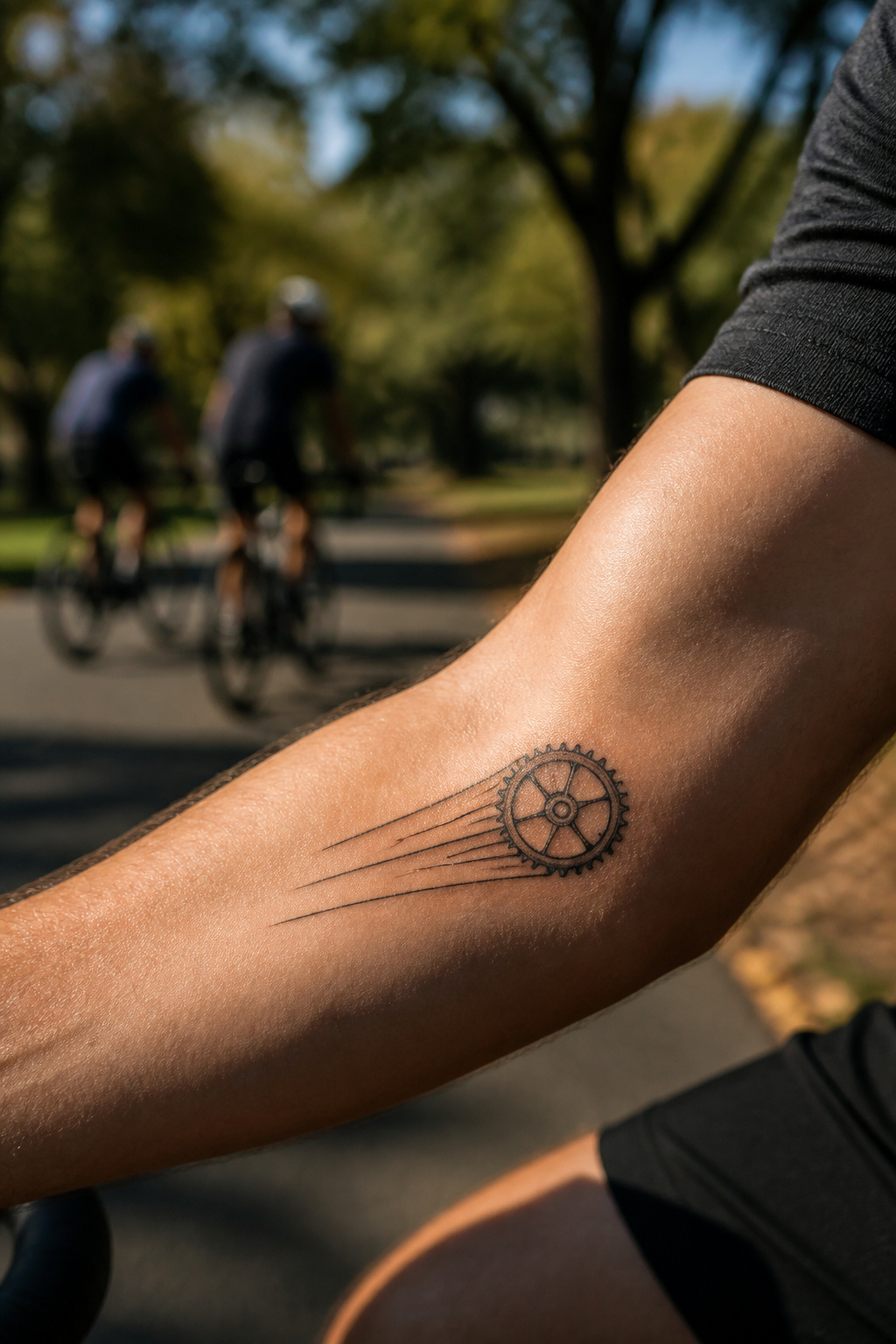 Bike Life Tattoo Ideas: 37 Designs for Cyclists in 2026 32 Tattoo featuring an uplifting phrase next to a chainring.