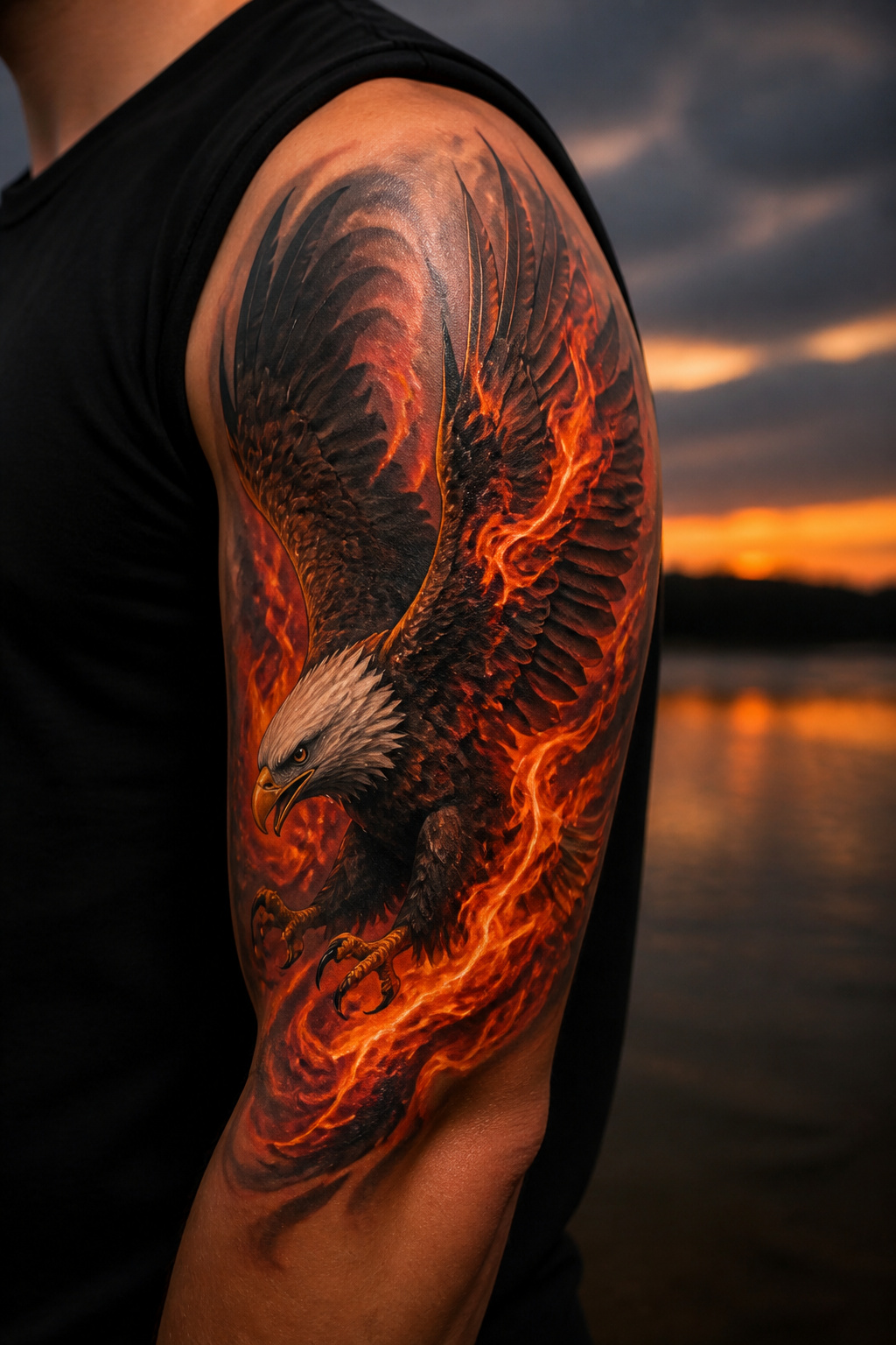 Eagle Tattoo Ideas for Men and Women: Designs and Styles 33 Eagle tattoo engulfed in flames on bicep.
